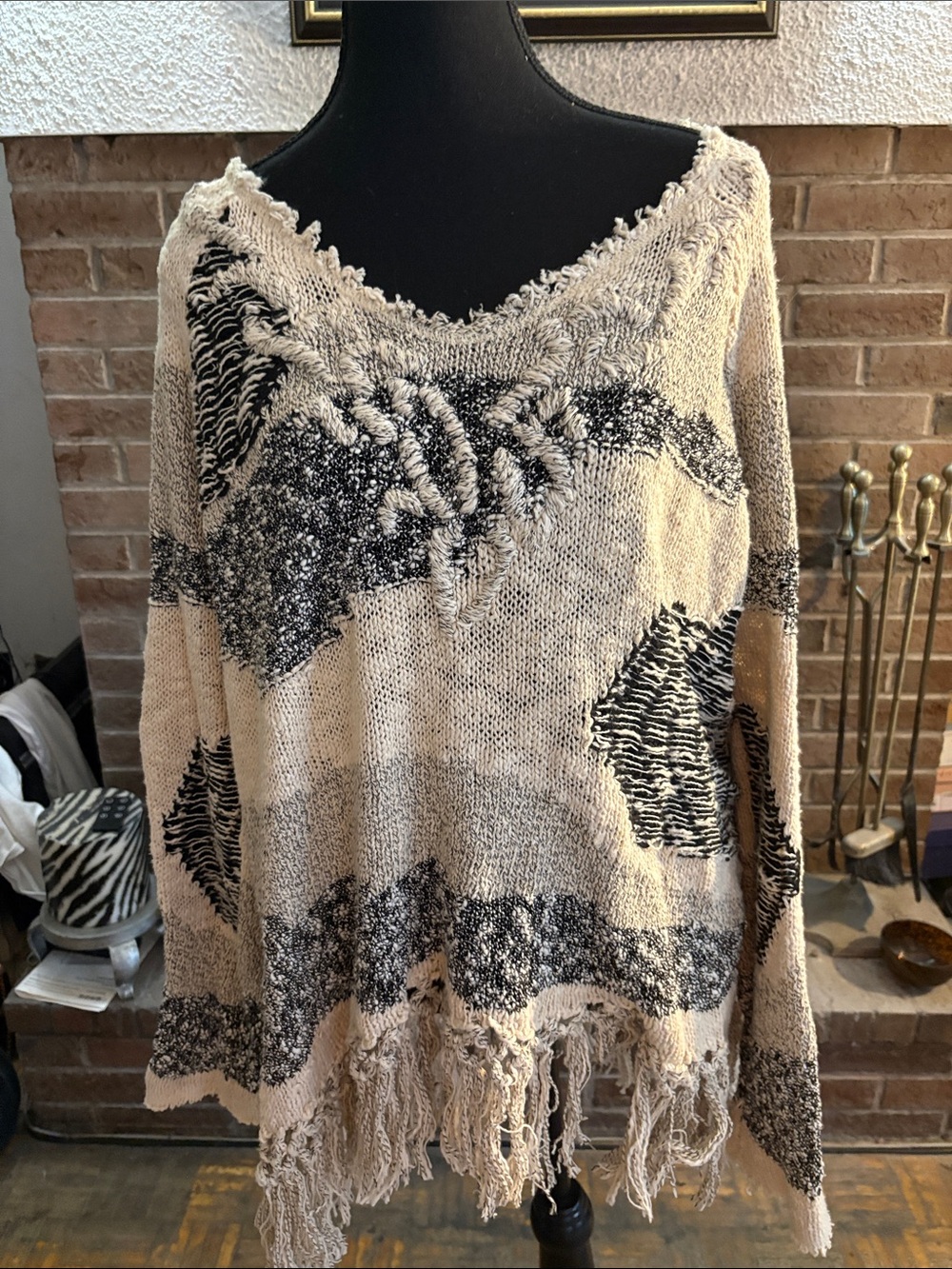 Free People Off-the-Shoulder Fringe Knit Sweater in Cream and Black